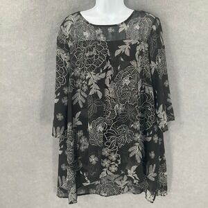 Roz & Ali Top Womens Sz L Black‎ Floral Sheer Tunic Blouse Flowy Lined Romantic